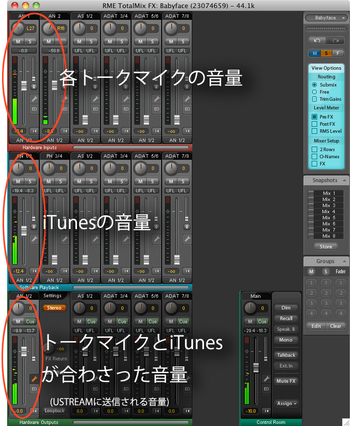 TotalMixでそれぞれの音量を微調整