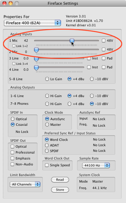 Settings画面でマイク・ゲインを調整
