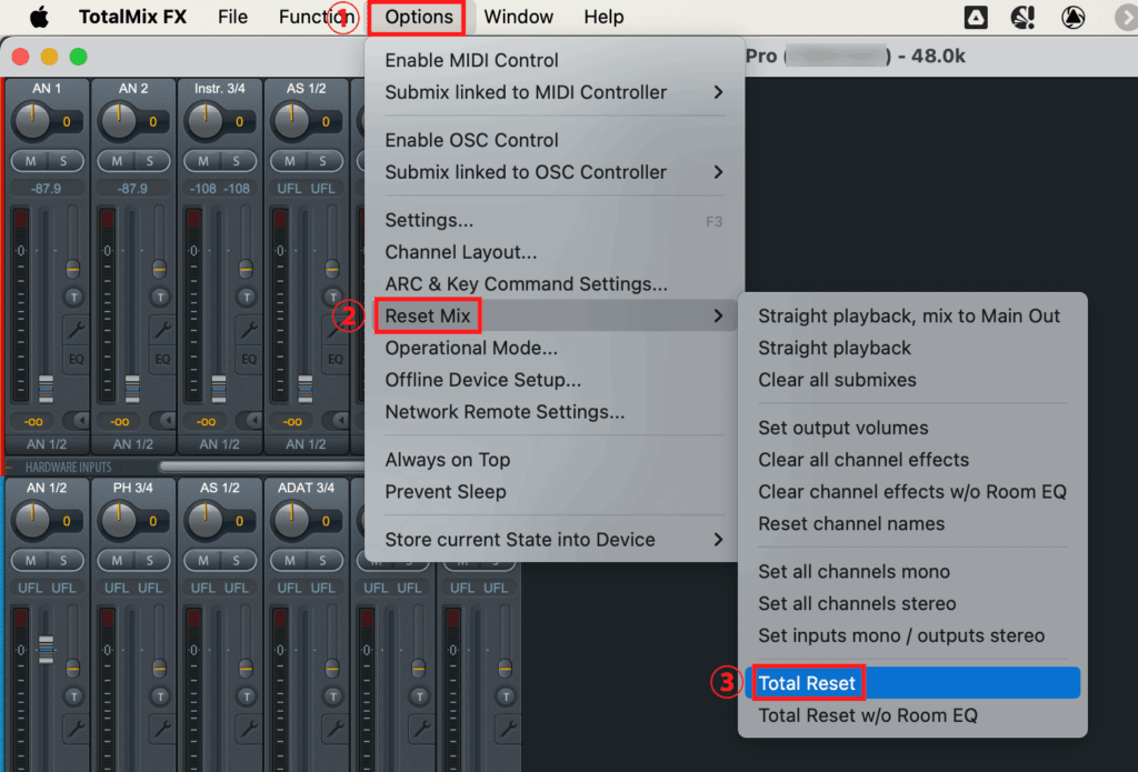 TotalMixのリセット方法