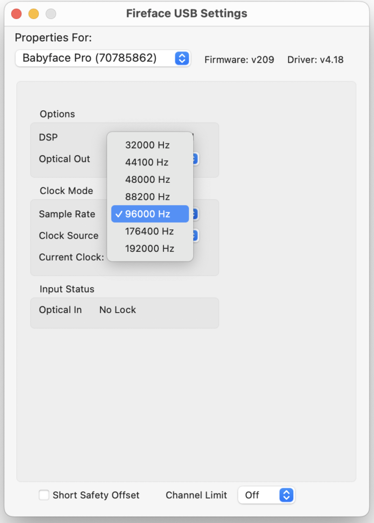 Fireface USB Settingsのサンプルレート変更