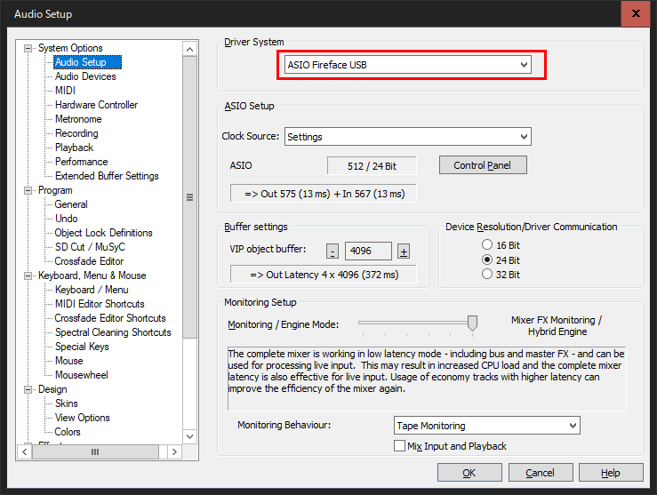 RMEインターフェイスに該当するASIOドライバーを選択