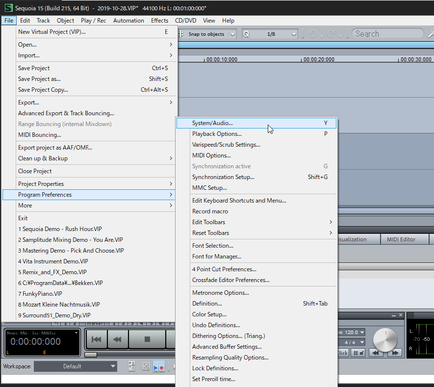 「Audio Setup」画面を開く
