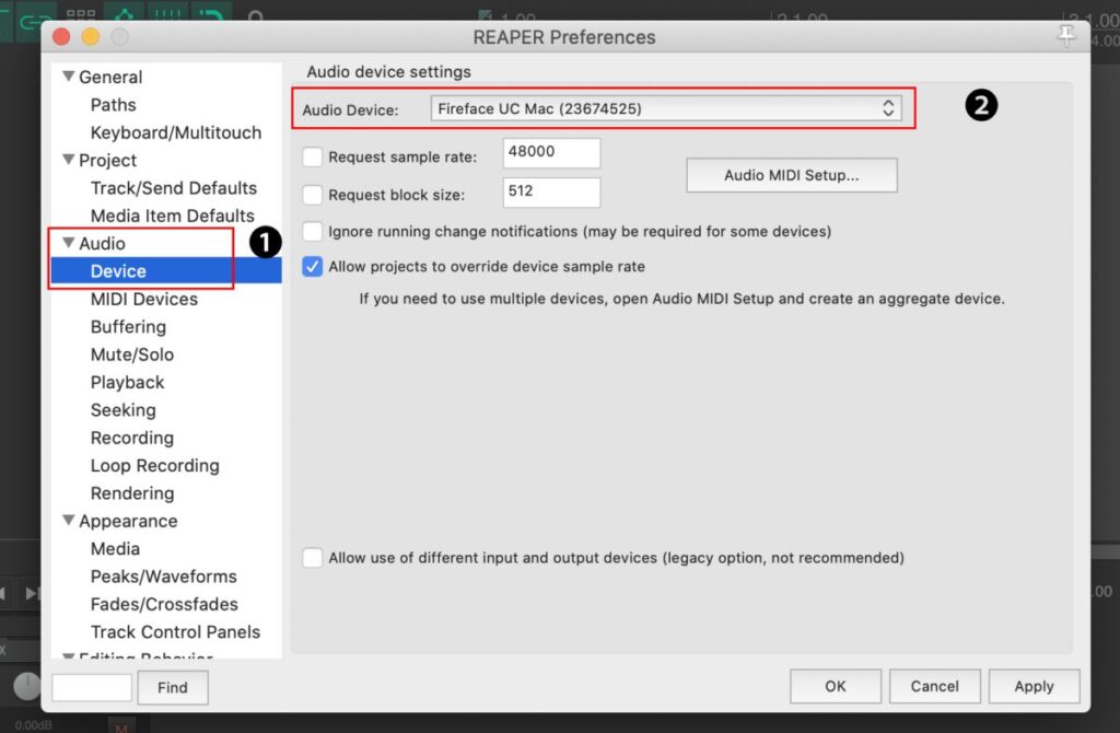 表示される環境設定画面でオーディオ入出力デバイスを選択します