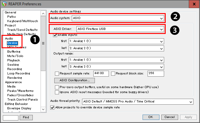 表示される環境設定画面でオーディオ入出力デバイスを選択します