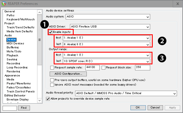 Reaperで使用する入力チャンネルと出力チャンネルを選択します