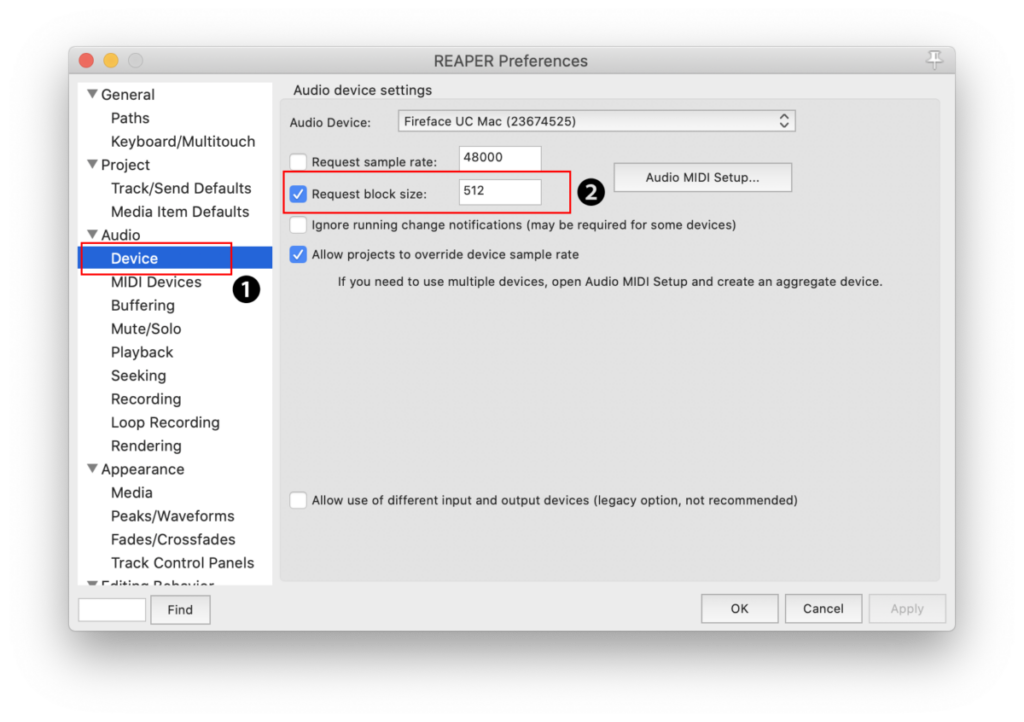 使用するバッファー・サイズの値をRMEインターフェイスのSettingsダイアログで選択します