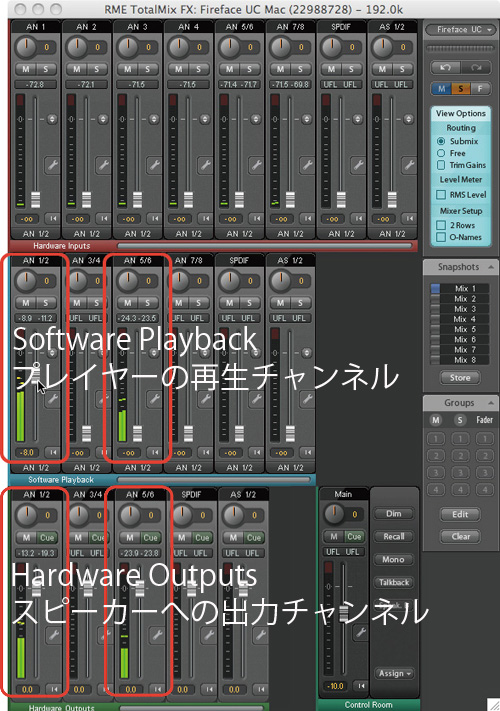 1,2,5,6チャンネルから正しく音が出力されていることをTotalMix FXミキサーで確認してください
