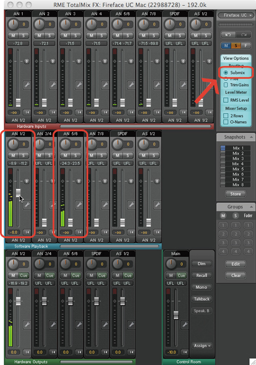 TotalMix FX上の「AN 1/2」と「AN 5/6」のメーターが振れている事を確認します。